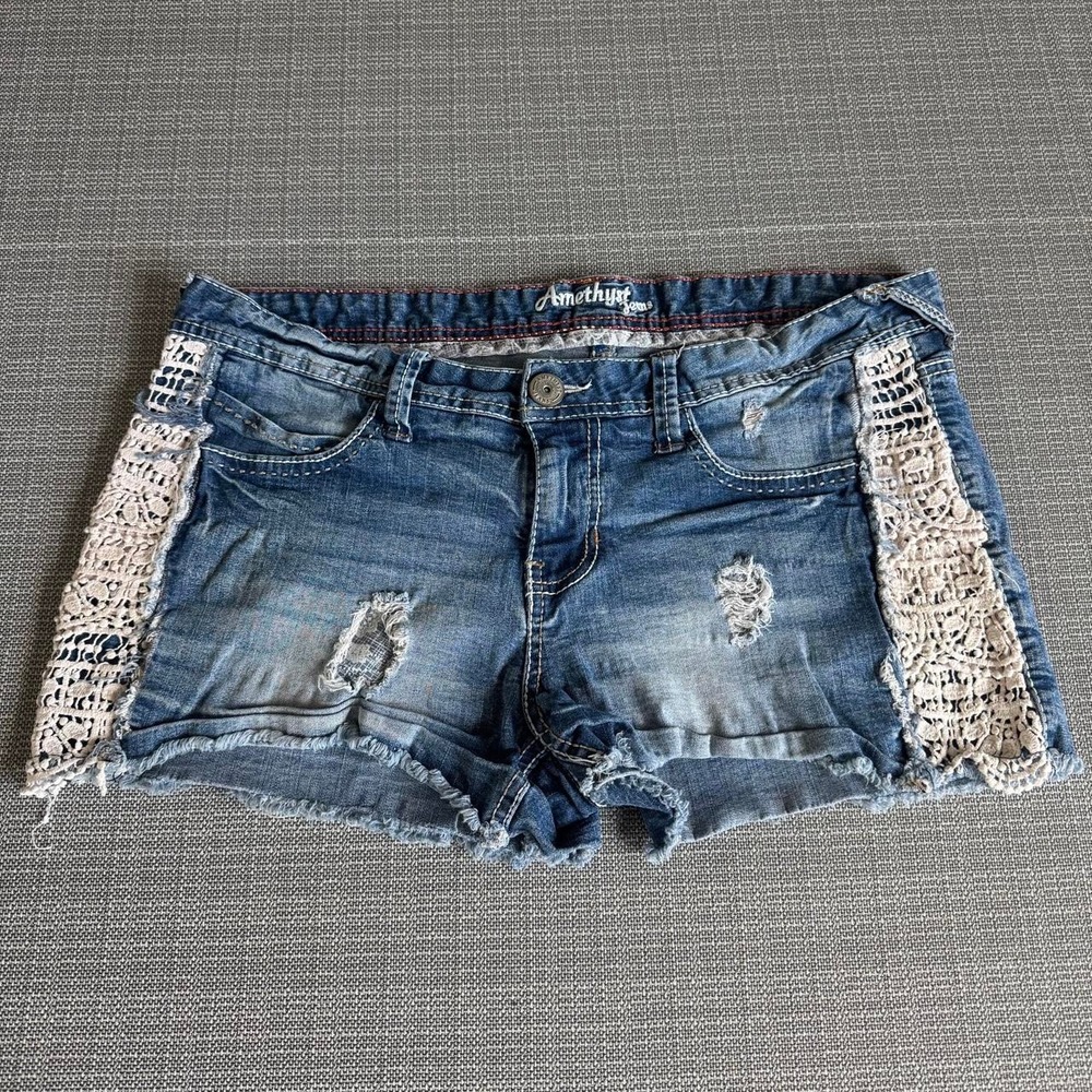 Y2K Amethyst blue distressed denim shorts with lace trim